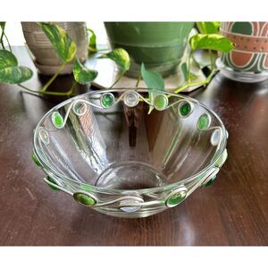 Vtge Glass Bowl w/ Stainless Steel Wire Green Cabochon and Clear Smooth Stones